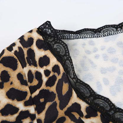 Leopard Print Lace Trim V-Neck Slim Fit Top