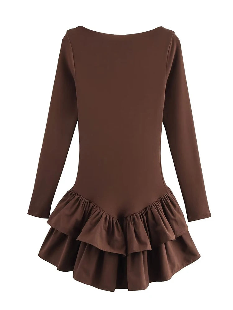 Ruffl Splice Mini Dress Solid Long Sleeve Office Dress Frill Dress