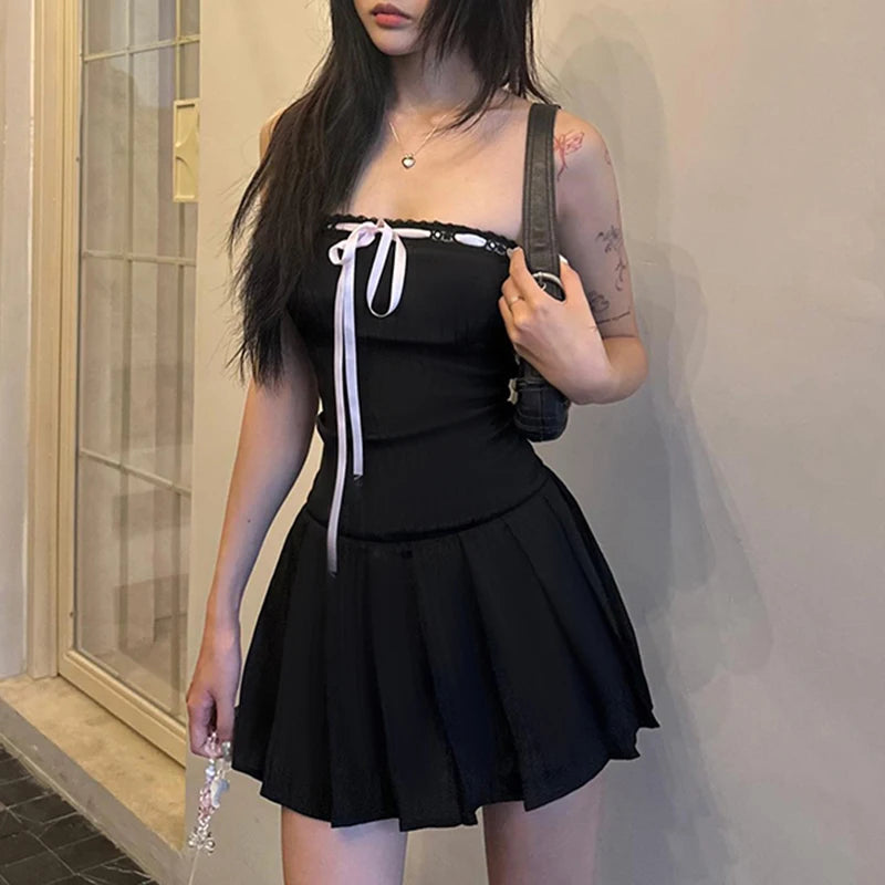 Patchwork Mini Dress Off Shoulder A-line Dress Lace-up Black