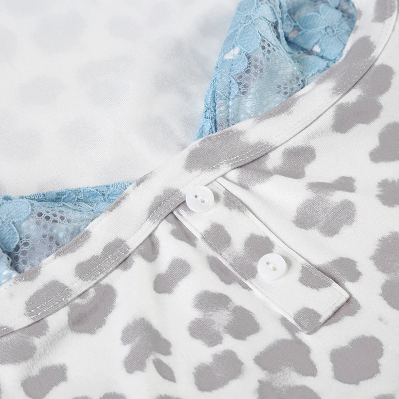 Lace Patchwork Leopard Print T-shirt Long Sleeves s Top