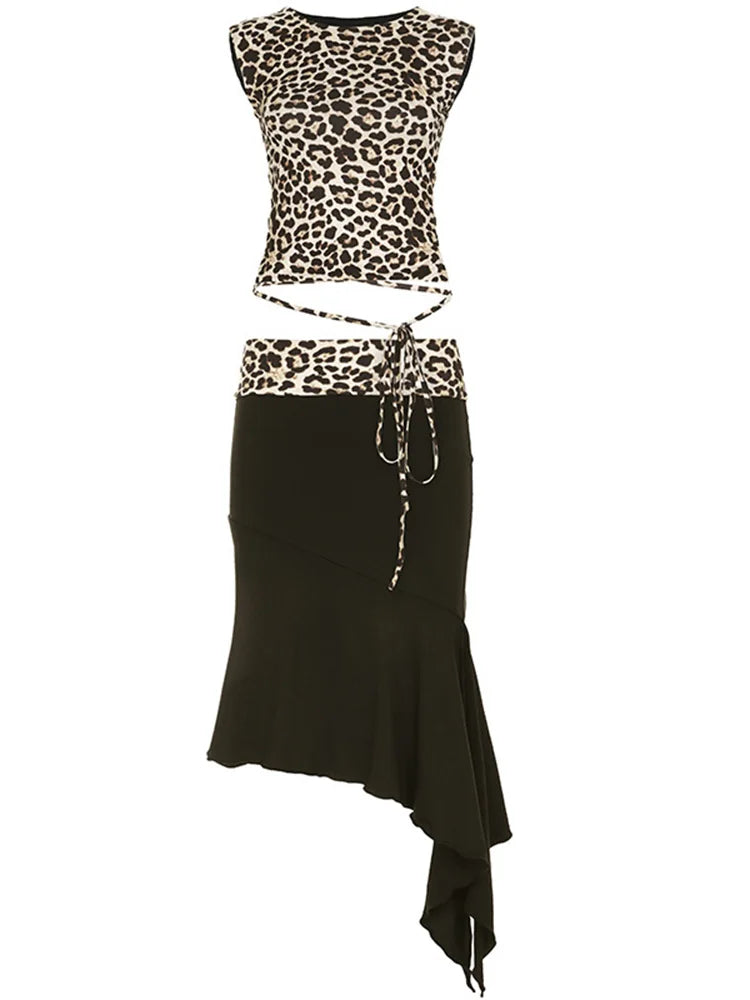 Double Wear Skirt Suit Leopard Lace Up Sleeveless Vest Irregular Splice Skirt Two Pieces Set