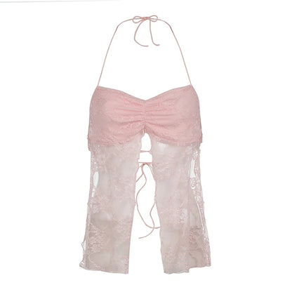 Backless Halter Neck Camisole with Lace Slits - Pink