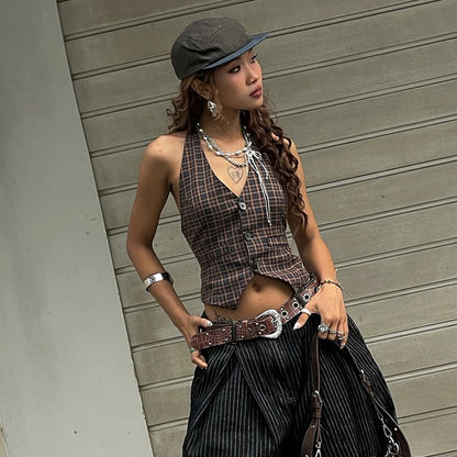 Brown Plaid V-Neck Vest