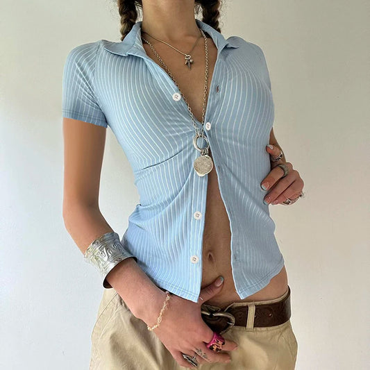Button Up Tee Shirts Striped Print Short Sleeves 's Top
