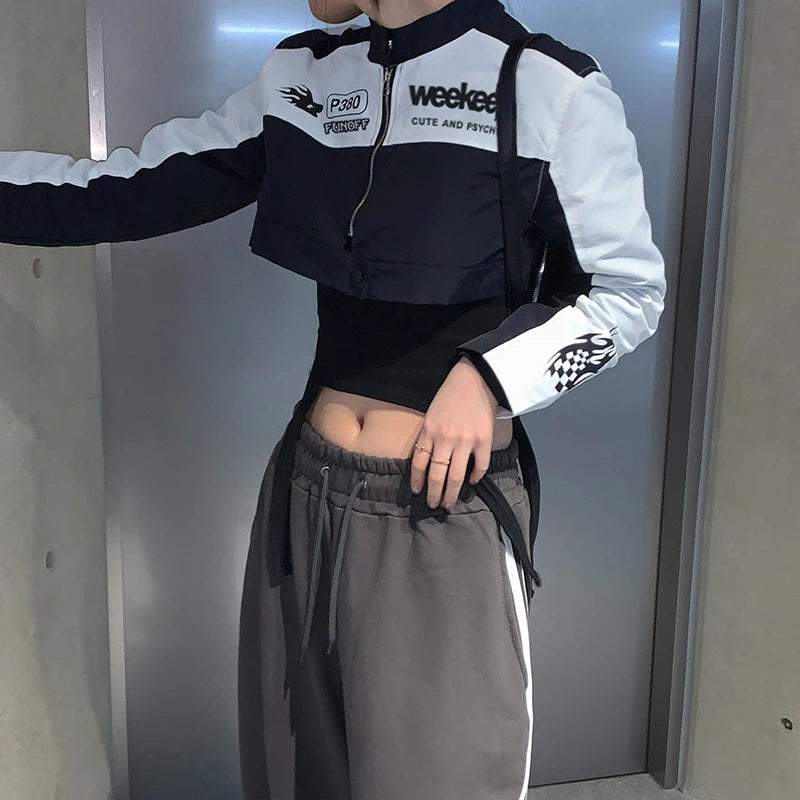 Moto Biker Crop Jackets Zip Up Patchwork Coats