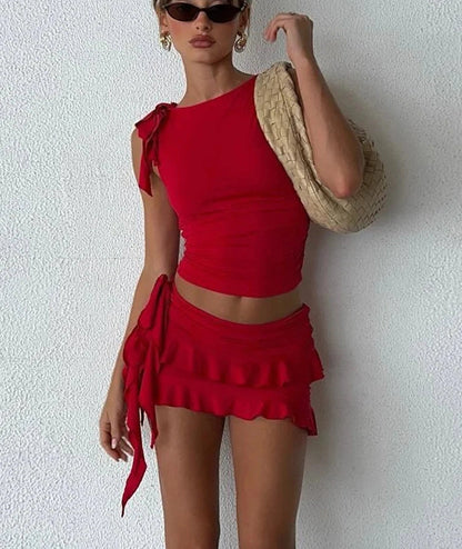 Halter Neck Lace-up Two Piece Mini Dress Set