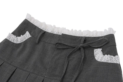 Gray Lace Up Pleated Mini Skirt