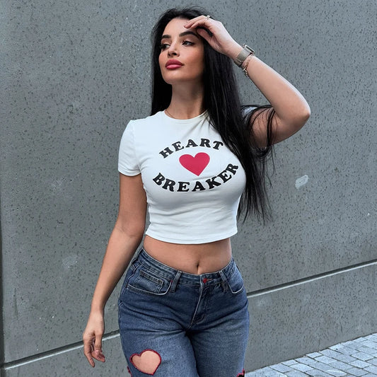 Round Neck Pullover Letter Heart Clah Expo Neckline Top T-Shirt