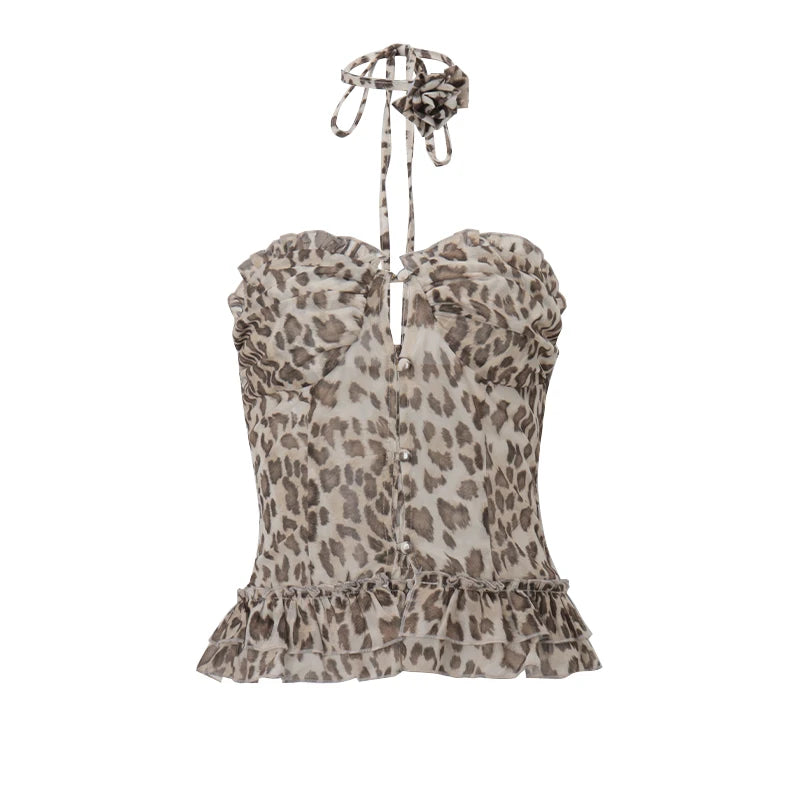 Leopard Tulle Off Shoulder Ruffle Top