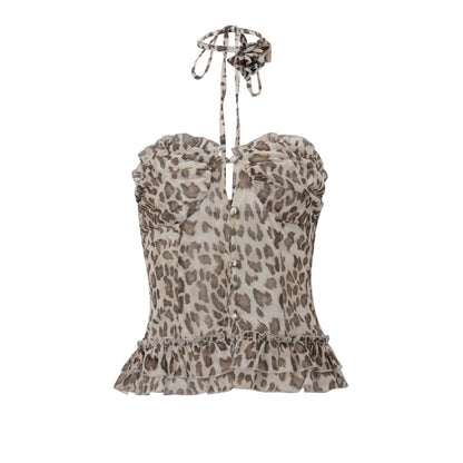 Leopard Tulle Off Shoulder Ruffle Top