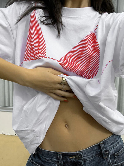 Print Loose T-Shirts - Crewneck Top with Half Sleeves