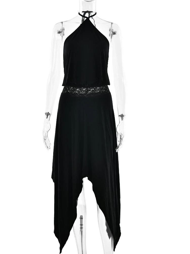 Patchwork Hollow Out Lace Halter Dress Black Backless High Waist Dress