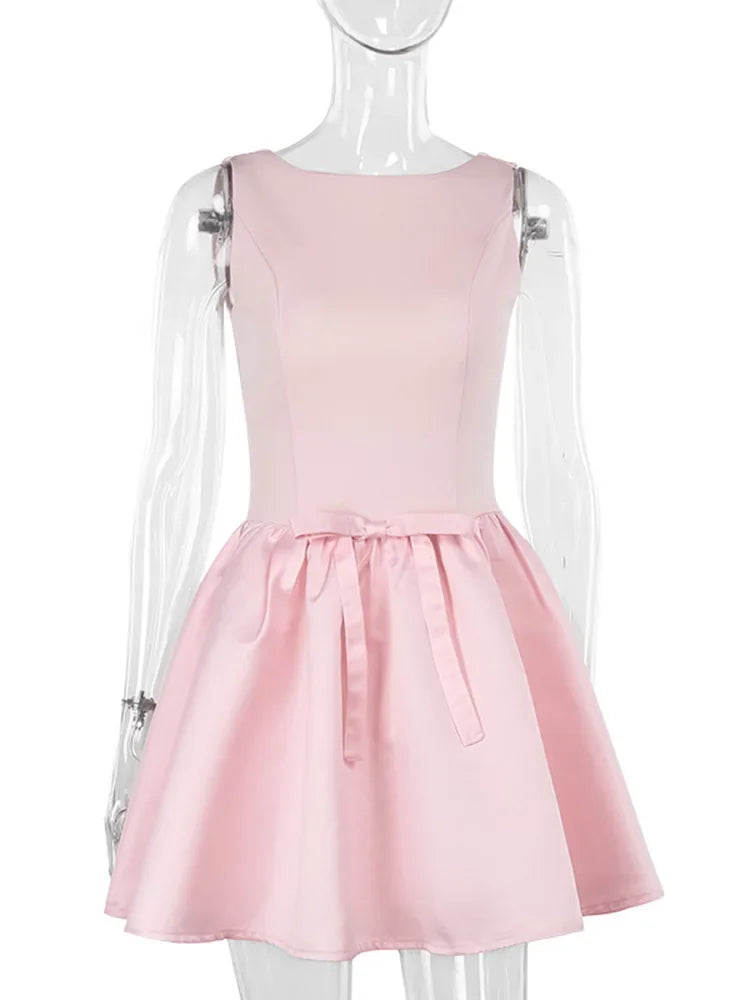 Sleeveless Bows Dress Backless Splice Mini Fold Dress High Waist Dress
