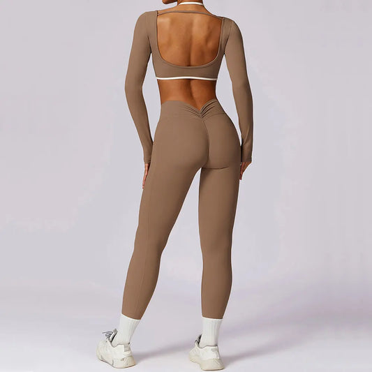 2 Pieces Tracksuit Yoga Set Workout Sports Gym Fitness Long Sleeve Crop Top High Waist Leggings Sports Suits