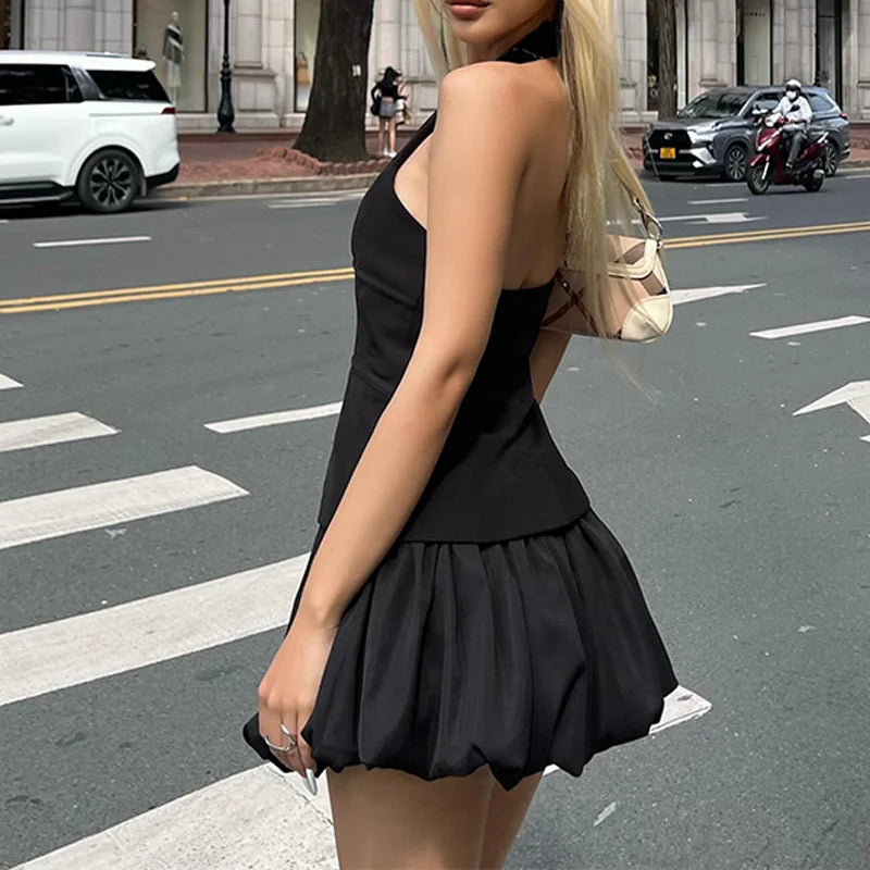 Black Backless Top And Puff Mini Skirt Set