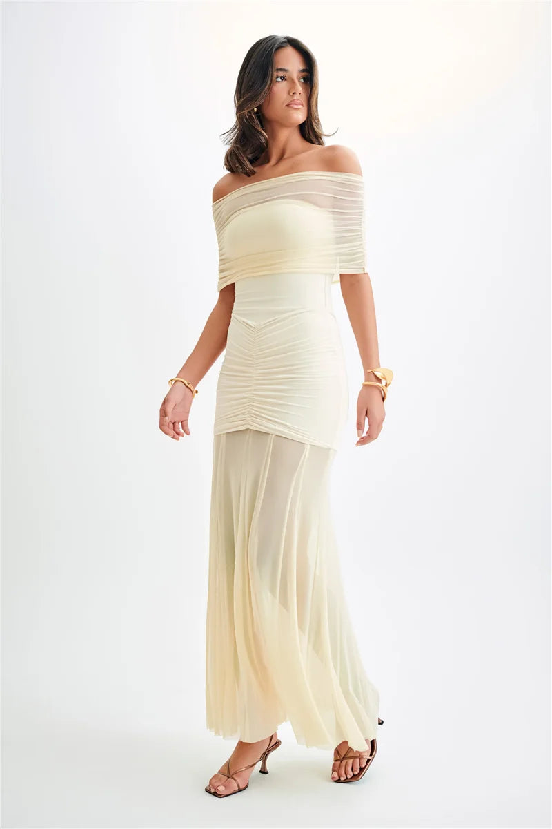 Off Shoulder Ruched Maxi Dress Apricot Backless High Waist Dress