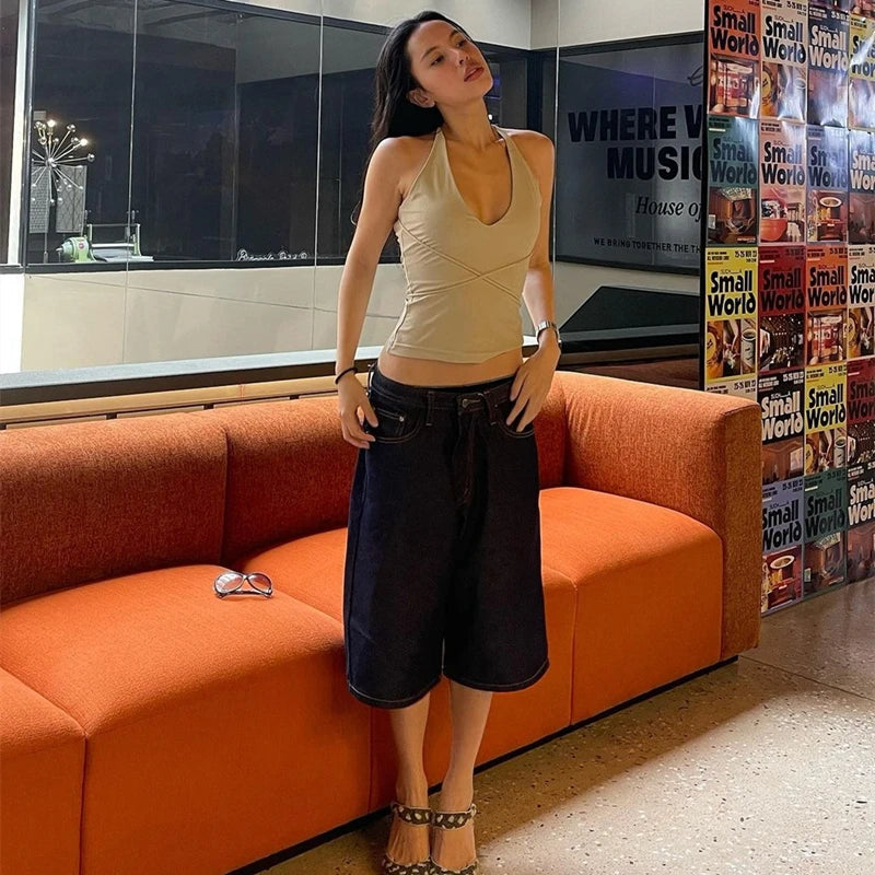 Khaki Backless Sleeveless Halter Tank Top