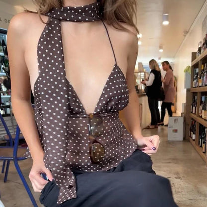 Backless Dot Print Halter Neck Camisole