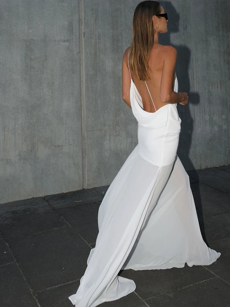 Mesh Partchwork Maxi Dress Halter Swinging Low Neck Backless Soft Long Concise High