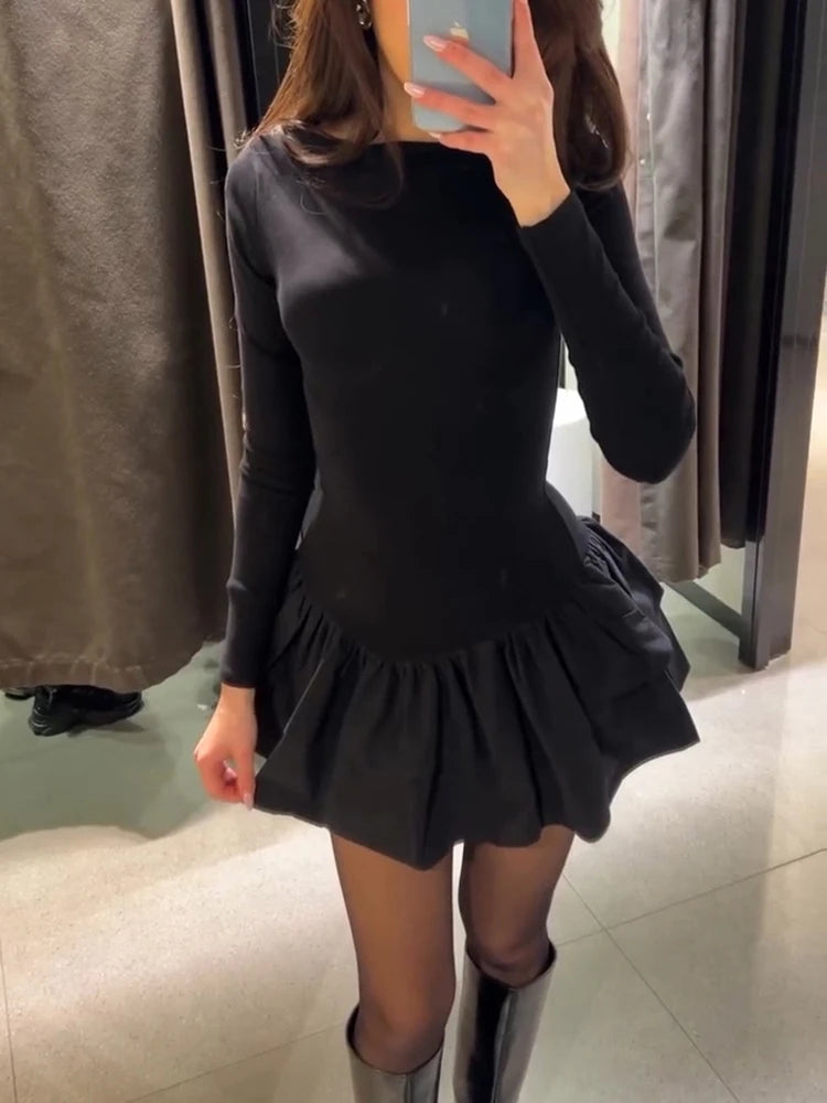 Ruffl Splice Mini Dress Solid Long Sleeve Office Dress Frill Dress