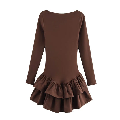 Ruffl Splice Mini Dress - Elegant Long Sleeve Office Dress Brown
