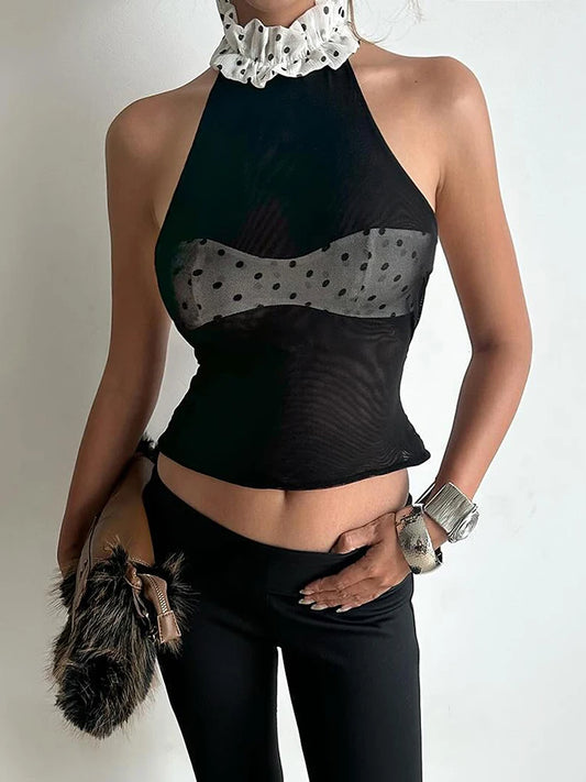 Black Mesh Halter Patchwork Polka Dots Backless Top