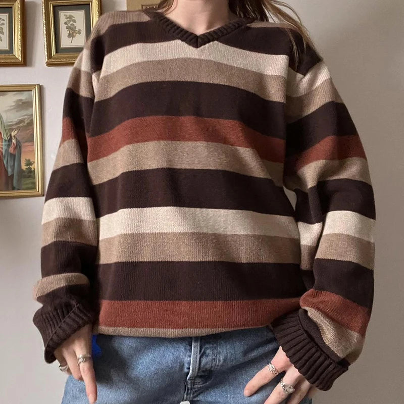 Retro V-neck Striped Sweaters Loose Pullovers Top