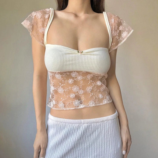 Lace Patchwork Kawaii Sweet T Shirt Short Sleeve Crop Top