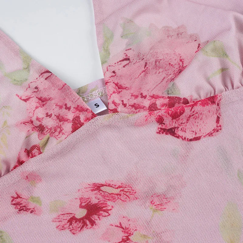 Pink Floral See Through Mesh Ruffled V-Neck Backless Top