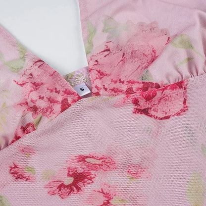 Pink Floral See Through Mesh Ruffled V-Neck Backless Top