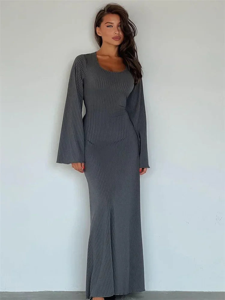 Ribbed Long Sleeve Slim Maxi Dress