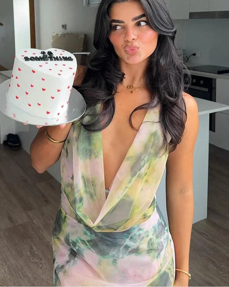 Backless Halter Mesh Ruffles Matching Suit