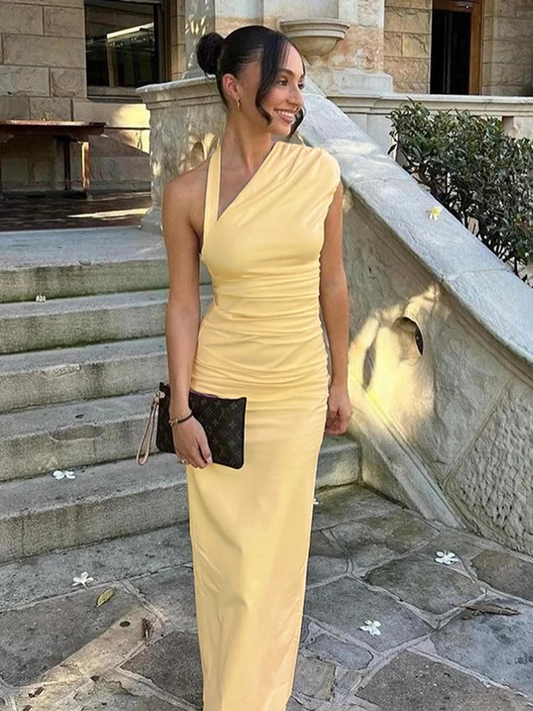 Slant Collar Halter Long Dress Ruch Backless Dress Bodycon Slit Dress