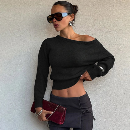 Inclined Shoulder Long Sleeve Slim Sweater