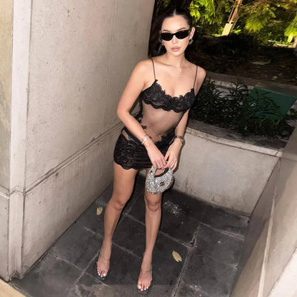 See Through Lace Mesh Backless Mini Dress