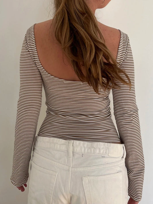 Strip Crewneck Top Backless Long Sleeve Slim Shirt Tee