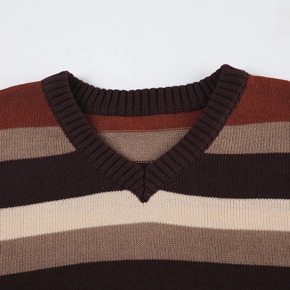 Retro V-neck Striped Loose Pullover Sweater