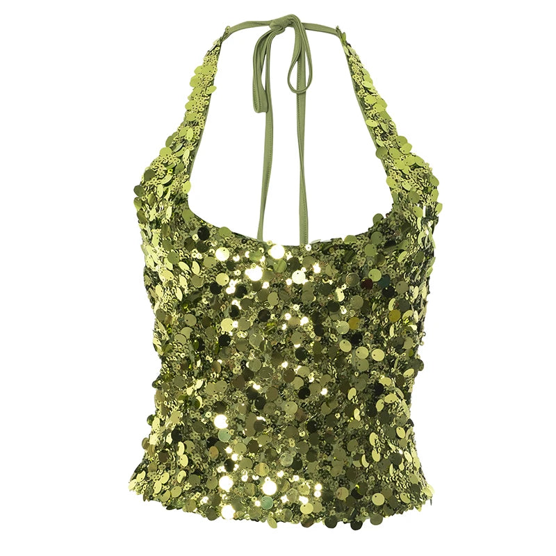 Green Low-Cut Sequin Backless Tank Top