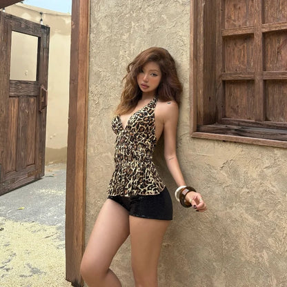 Leopard V-Neck Backless Halter Sleeveless Top
