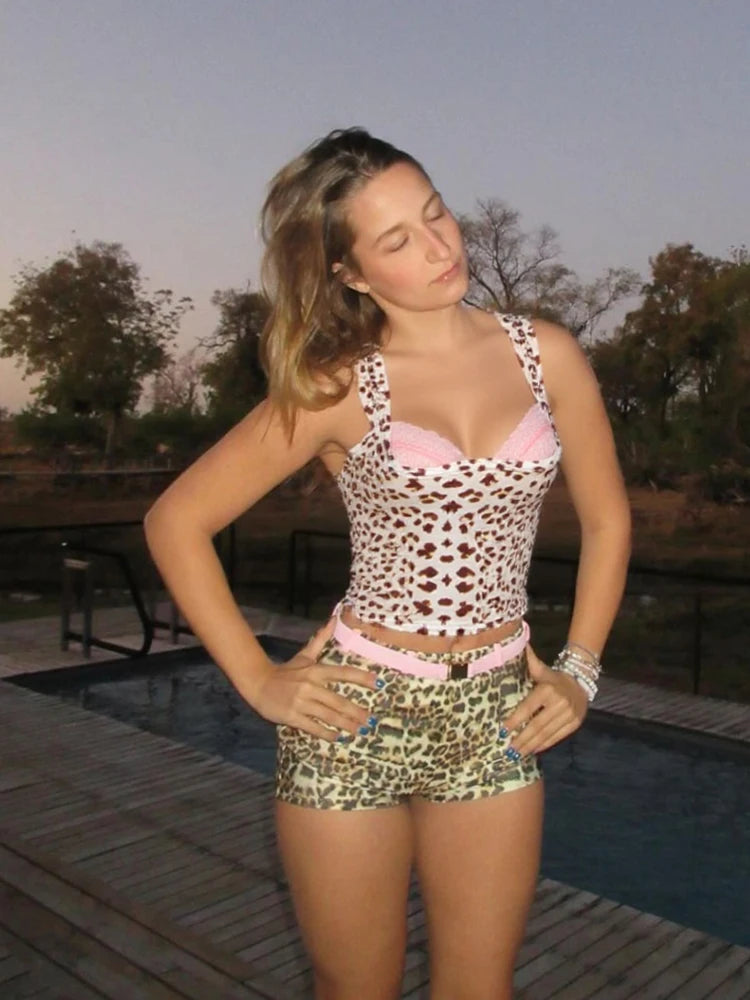 Patchwork Hipster Vests Cleavage Backless Crop Tanks All-match Leopard