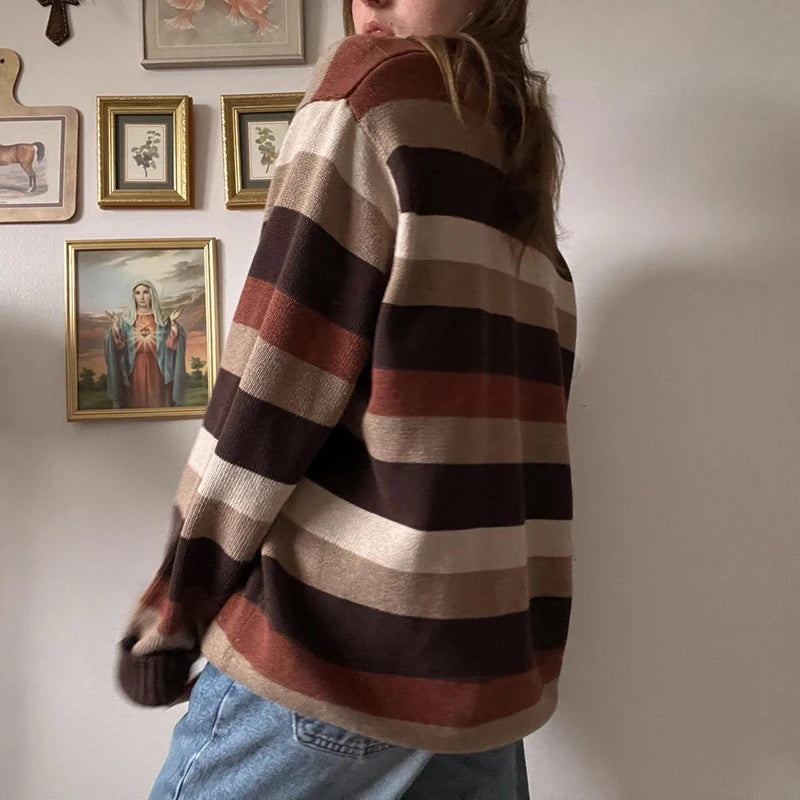 Retro V-neck Striped Sweaters Loose Pullovers Top