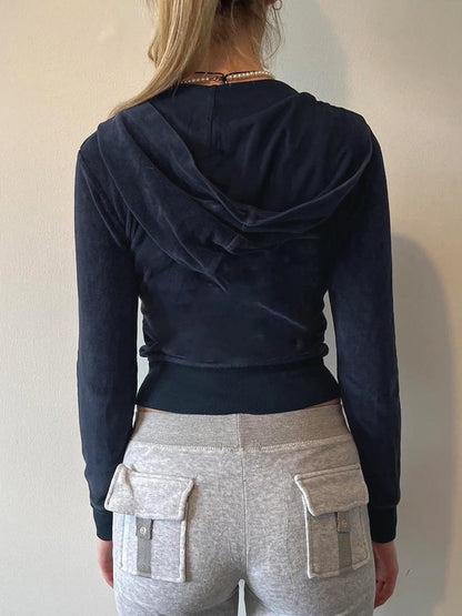 Velvet Zip-Up Hooded Jacket with Front Pockets