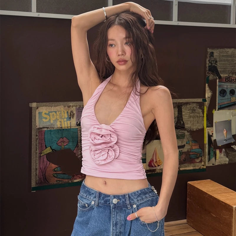 Pink V-Neck 3D Flower Top