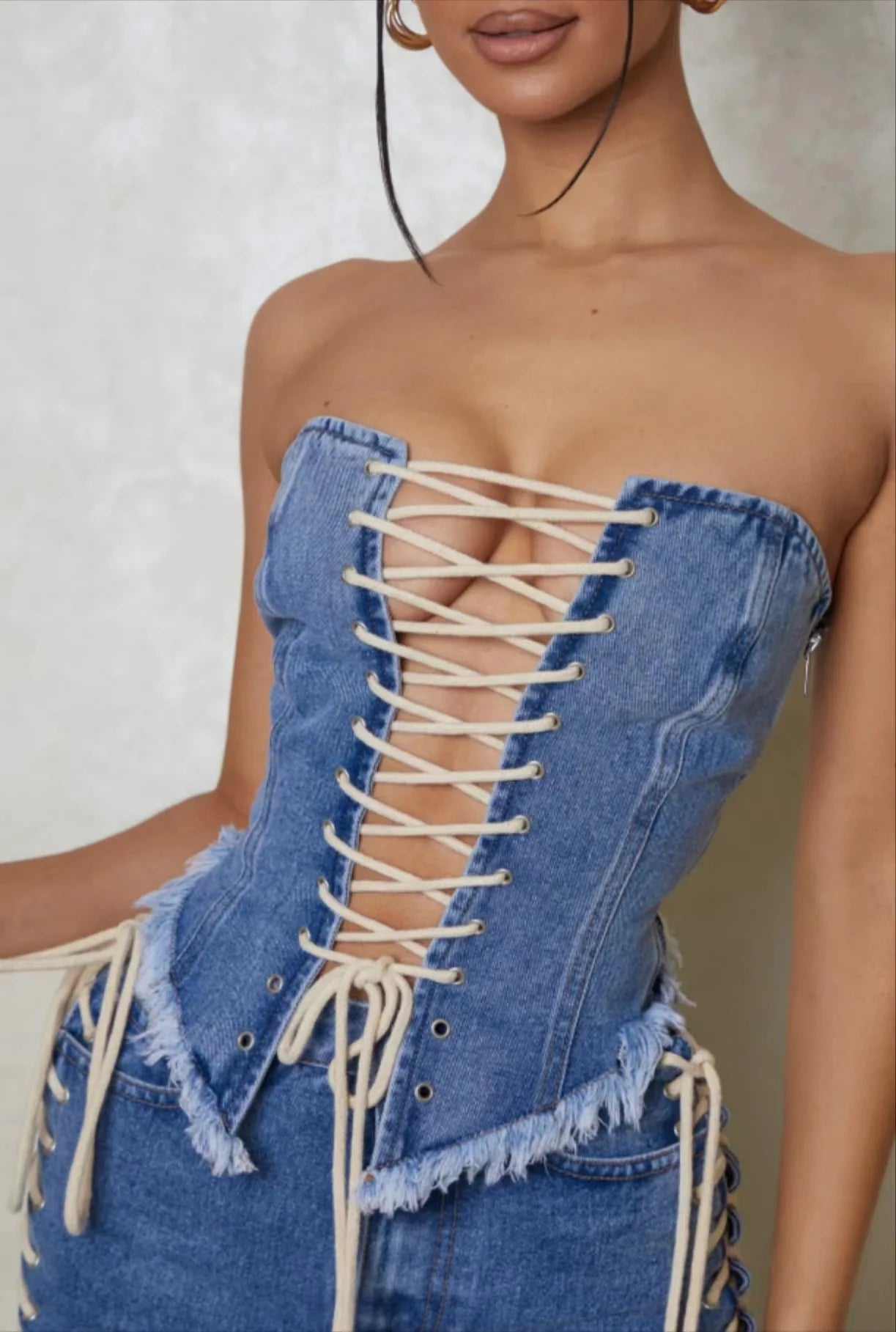 Denim Drawstring Strapless Top
