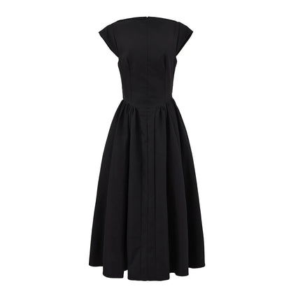 French Style Backless Sleeveless Pleat Vest Dress Black