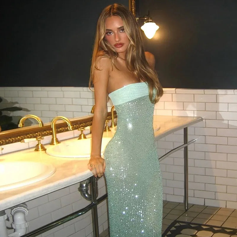 Sequined Strapless Backless Slit Maxi Dress