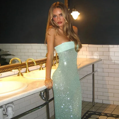 Sequined Strapless Backless Slit Maxi Dress