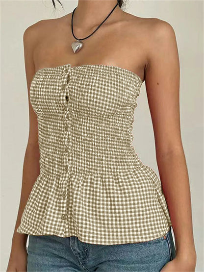 Red Gingham Strapless Crop Top Khaki