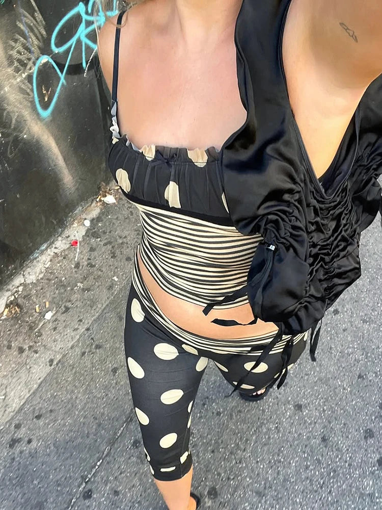 2 Piece Classic Shirring Stretch Crop Camis High Waist Mid Craf Shorts