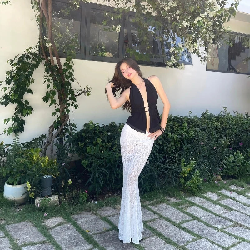 Black Backless Mesh Sleveless Halter Tank Top
